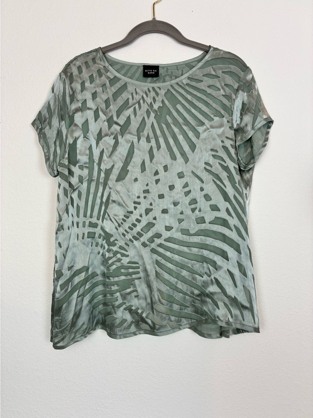 Bitte Kai Rand Silk Mint Green Abstract Leaf-Print Blouse w/ leaf fold back